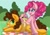 Size: 3508x2480 | Tagged: safe, artist:sweetkllrvane, derpibooru import, boneless, cheese sandwich, li'l cheese, pinkie pie, earth pony, pony, season 9, the last problem, spoiler:s09, cheesepie, family, female, filly, happy, lying down, male, mare, mouth hold, older, older pinkie pie, open mouth, picnic blanket, rubber chicken, shipping, smiling, stallion, straight