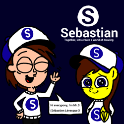 Size: 768x768 | Tagged: safe, artist:mrstheartist, oc, oc:mr.s, oc:ponyseb, pony, cute, navy blue background, sebastian's group logo, slogan, speech bubble