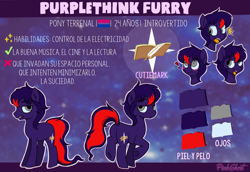 Size: 3145x2162 | Tagged: safe, artist:yojohcookie, oc, oc:purplethink, earth pony, pony, bisexual, cutie mark, reference sheet, spanish