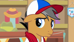 Size: 1280x720 | Tagged: safe, screencap, quibble pants, earth pony, pony, common ground, bust, cap, cute, floppy ears, hat, male, portrait, quibblebetes, sad, sadorable, solo, stallion