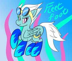 Size: 1309x1121 | Tagged: safe, artist:notadeliciouspotato, fleetfoot, pegasus, pony, abstract background, clothes, female, goggles, lidded eyes, mare, smiling, socks, solo, wings