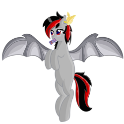 Size: 3000x3000 | Tagged: safe, artist:rain wing, oc, oc only, oc:dark lightning, bat pony, fly, bat pony oc, chocolate, commission, eat, food, wings