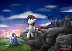 Size: 3822x2705 | Tagged: safe, artist:raspberrystudios, oc, oc only, oc:lightning, dragon, rainbow falls, castle, cliff, cloud, commission, equestria, pegasus oc, sunrise