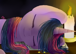 Size: 2960x2100 | Tagged: safe, artist:moon-wing, twilight sparkle, pony, book, candle, eyes closed, female, mare, sleeping, solo