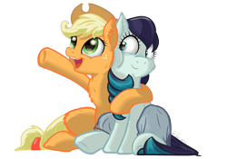 Size: 2953x2067 | Tagged: safe, artist:razya, derpibooru import, applejack, coloratura, earth pony, pony, applejack's hat, cheek fluff, cheek squish, cheeks, chest fluff, colored, cowboy hat, cute, everywhere meme pony edition, hat, hooves, hug, mane, pointing, simple background, sitting, sitting up, squishy cheeks, tail, tail wrap, transparent background