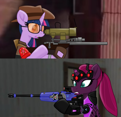 Size: 3158x3054 | Tagged: safe, artist:ejlightning007arts, tempest shadow, twilight sparkle, broken horn, crossover, gun, hat, horn, implied lesbian, implied shipping, implied tempestlight, overwatch, ponytail, rifle, sniper, sniper rifle, sunglasses, team fortress 2, twilight sniper, weapon, wide eyes, widowmaker, widowtempest