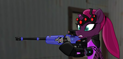 Size: 3158x1527 | Tagged: safe, artist:ejlightning007arts, tempest shadow, pony, broken horn, gun, horn, overwatch, ponytail, rifle, sniper, sniper rifle, team fortress 2, weapon, wide eyes, widowmaker, widowtempest