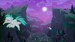 Size: 2100x1180 | Tagged: safe, screencap, terramar, classical hippogriff, cockatrice, hippogriff, student counsel, everfree forest, eyes closed, flying, full moon, male, moon, night, pine tree, stars, tree, valley