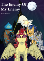 Size: 2094x2920 | Tagged: safe, artist:moonlightfan, oc, earth pony, pegasus, pony, unicorn, cover art, fanfic art, full moon, goggles, hoof shoes, male, moon, salute, sombra eyes, stallion