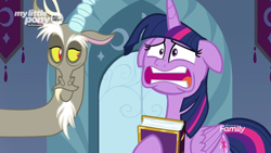 Size: 1920x1080 | Tagged: safe, screencap, discord, twilight sparkle, twilight sparkle (alicorn), alicorn, draconequus, pony, the beginning of the end, are you frustrated?, book, discovery family logo, duo, female, floppy ears, friendship journal, male, mare, meme