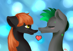 Size: 3496x2480 | Tagged: safe, artist:moon-wing, oc, oc only, oc:aurora blaze, oc:toxic shadow, pony, abstract background, eyes closed, heart, kissing