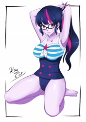 Size: 1600x2254 | Tagged: safe, artist:noboru, sci-twi, twilight sparkle, human, better together, equestria girls, adorasexy, armpits, barefoot, breasts, busty sci-twi, clothes, cute, feet, female, one-piece swimsuit, patreon, ponytail, sexy, signature, sitting, solo, sunglasses, swimsuit, thighs, twiabetes