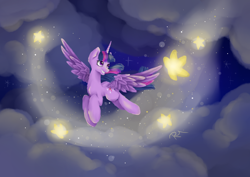 Size: 3496x2480 | Tagged: safe, artist:moon-wing, twilight sparkle, twilight sparkle (alicorn), alicorn, pony, cloud, female, flying, mare, smiling, solo, spread wings, stars, wings