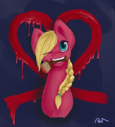 Size: 1752x1920 | Tagged: safe, artist:moon-wing, oc, oc only, earth pony, pony, braid, bust, eye clipping through hair, female, heart, mare, mouth hold, one eye closed, paintbrush, solo