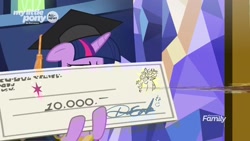 Size: 1920x1080 | Tagged: safe, screencap, discord, twilight sparkle, twilight sparkle (alicorn), alicorn, pony, the beginning of the end, cheque, discovery family logo, female, giant check, graduation cap, hat, mare, solo