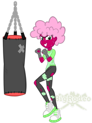 Size: 774x1032 | Tagged: safe, artist:bigrodeo, oc, oc:polygon, human, equestria girls, afro, curly hair, equestria girls-ified, exercise, fitness, pink, punching bag, solo, spandex