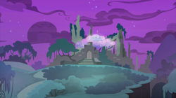 Size: 2100x1180 | Tagged: safe, screencap, student counsel, castle of the royal pony sisters, cloud, everfree forest, night, no pony, ravine, ruins, tree, treehouse of harmony