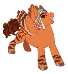 Size: 320x350 | Tagged: safe, artist:guidomista, artist:miiistaaa, artist:nijimillions, derpibooru exclusive, pegasus, pony, 7, accessories, accessory, anime, brown, brown hair, brown mane, brunette, chibi, clothes, coat markings, crossover, curls, curly hair, curly tail, cute, faic, food, grin, guido, guido mista, hat, hooves, jjba, jojo, jojo's bizarre adventure, looking back, male, mista, open mouth, orange, ponified, proud, seven, simple background, smiling, solo, stallion, standing, stripes, transparent background, vento aureo, wings