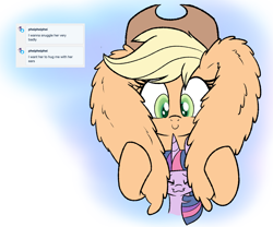Size: 1280x1067 | Tagged: safe, artist:heir-of-rick, derpibooru import, applejack, twilight sparkle, earth pony, pony, daily apple pony, :3, abstract background, ask, ear fluff, eyes closed, female, impossibly large ears, mare, mega applejack, size difference, smiling, snuggling, tumblr, twijack