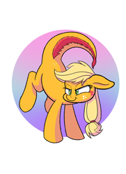 Size: 1280x1772 | Tagged: safe, artist:heir-of-rick, derpibooru import, applejack, monster pony, original species, tatzlpony, daily apple pony, abstract background, back freckles, bucking, female, freckles, handstand, hidden cane, mare, solo, species swap, tatzljack