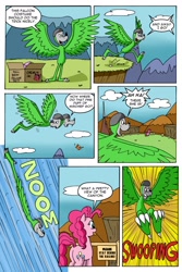 Size: 1024x1536 | Tagged: safe, artist:cartoon-eric, derpibooru import, pinkie pie, oc, oc:fred wolfbane, bird, earth pony, pony, comic:pink. it's what's for dinner, bird costume, box, canyon, clothes, comic, costume