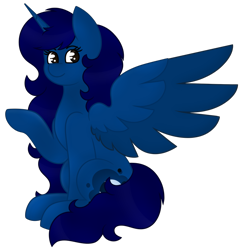 Size: 879x909 | Tagged: safe, artist:midnightamber, oc, oc only, oc:midnight, alicorn, pony, alicorn oc, critique requested, gradient eyes, long hair, long mane, long tail, raised hoof, shading, shading practice, simple background, sitting, smiling, solo, transparent background, wing open, wing out