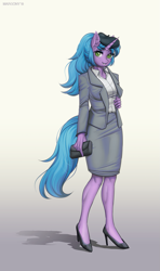 Size: 767x1300 | Tagged: safe, artist:margony, oc, oc only, anthro, plantigrade anthro, unicorn, anthro oc, clothes, commission, female, high heels, mare, shoes, smiling, solo