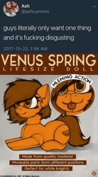 Size: 450x817 | Tagged: safe, artist:marsminer, edit, oc, oc only, oc:venus spring, pony, advertisement, bronybait, doll, guys literally only want one thing and its fucking disgusting, meme, mlem, plushie, silly, tongue out, toy, vulgar