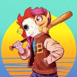 Size: 1200x1202 | Tagged: safe, artist:ncmares, scootaloo, bird, chicken, human, pegasus, pony, abstract background, baseball bat, blood, chest fluff, chicken mask, clothes, crossover, duo, ear fluff, female, filly, fluffy, hotline miami, jacket, leg fluff, mask, neck fluff, open mouth, scootachicken, smiling, wat