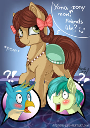 Size: 1600x2264 | Tagged: safe, alternate version, artist:julunis14, gallus, sandbar, yona, earth pony, griffon, pony, she's all yak, blushing, cute, exclamation point, implied galyona, implied shipping, implied straight, implied yonabar, interrobang, monkey swings, ponified, pony yona, question mark, signature, species swap, speech bubble, yona gets all the stallions, yonadorable