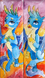 Size: 1024x1787 | Tagged: safe, artist:lailyren, artist:moonlight-ki, gallus, griffon, abstract background, crossed arms, male, solo, thumbs up, tongue out, traditional art