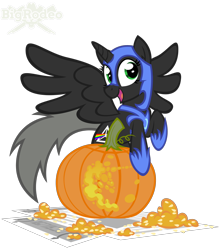 Size: 840x952 | Tagged: safe, artist:bigrodeo, nightmare moon, oc, oc:quantum flash, alicorn, pony, clothes, costume, halloween, holiday, jack-o-lantern, pumpkin, solo