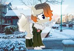 Size: 1600x1097 | Tagged: safe, artist:esgest, oc, oc only, oc:snowslide, earth pony, pony, blank flank, blaze (coat marking), boots, bush, canada, canadian, canadian flag, car, clothes, coat markings, female, grass, hair over one eye, jacket, mare, parka, shoes, snow, solo, street