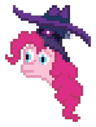 Size: 1184x1568 | Tagged: safe, artist:krixwell, derpibooru exclusive, derpibooru import, pinkie pie, earth pony, pony, fanfic:reflections in black and pink, the mysterious mare do well, the saddle row review, hat, head only, pinkie clone, pixel art, simple background, solo, transparent background, veil