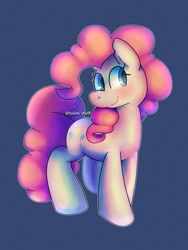 Size: 1500x2000 | Tagged: safe, artist:talim_stuff, derpibooru import, pinkie pie, earth pony, pony, blue background, blue eyes, blushing, female, simple background, solo