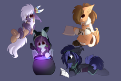 Size: 3000x2000 | Tagged: safe, artist:little-sketches, oc, oc only, oc:calla blossom, oc:skystar, bat pony, pony, axe, blue background, book, cauldron, female, male, mare, prone, simple background, stallion, weapon