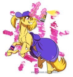 Size: 1200x1258 | Tagged: safe, artist:inuhoshi-to-darkpen, oc, oc only, oc:sunshine, pony, unicorn, backwards ballcap, baseball cap, cap, clothes, female, hat, hoof fluff, jacket, long feather, magic, magic aura, mare, solo, spray can, spray paint, telekinesis, unshorn fetlocks, wristband