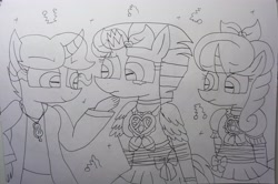 Size: 3927x2610 | Tagged: safe, artist:徐詩珮, fizzlepop berrytwist, glitter drops, spring rain, tempest shadow, anthro, plantigrade anthro, unicorn, series:ponies in precure universes, broken horn, female, glittershadow, horn, lesbian, lineart, mare, polyamory, precure, shipping, springdrops, springshadow, springshadowdrops, suite precure, traditional art