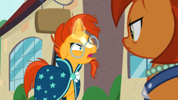 Size: 1024x576 | Tagged: safe, screencap, stellar flare, sunburst, pony, the parent map, angry, clothes, female, glasses, magic, magic aura, male, mare, mother and child, mother and son, parent and child, robe, stallion, sunburst is not amused, sunburst's glasses, sunburst's robe, unamused