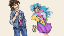 Size: 1920x1080 | Tagged: safe, artist:elisdoominika, oc, oc:fahu, oc:sweet elis, human, 80s, clothes, falis, glasses, humanized, jeans, pants, shirt, shoes, simple background, skirt, smiling, standing