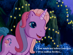 Size: 757x567 | Tagged: safe, edit, edited screencap, screencap, lily lightly, come back lily lightly, g3, cute, fireflies (song), flower, lights, lily cutely, lyrics, owl city, song reference, text, unicornia