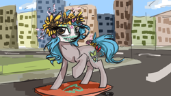 Size: 1920x1080 | Tagged: safe, artist:elisdoominika, oc, oc:sweet elis, earth pony, pony, bow, bow on tail, city, dia de los muertos, floral head wreath, flower, flower in hair, mexican, pastel, road, skateboard, skull, solo