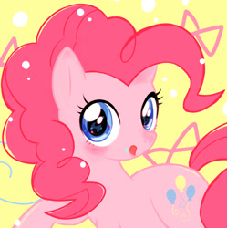 Size: 600x603 | Tagged: safe, artist:oyu, derpibooru import, pinkie pie, earth pony, pony, bow, cute, diapinkes, female, looking at you, mare, pixiv, simple background, solo, tongue out, yellow background