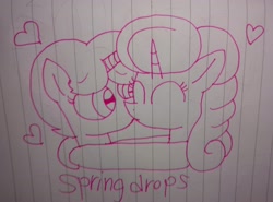 Size: 3888x2872 | Tagged: safe, artist:徐詩珮, glitter drops, spring rain, unicorn, my little pony: the movie, eyes closed, female, heart, kissing, lesbian, lineart, lined paper, mare, shipping, springdrops, traditional art