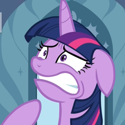 Size: 1080x1080 | Tagged: safe, screencap, twilight sparkle, twilight sparkle (alicorn), alicorn, pony, the beginning of the end, cropped, female, gritted teeth, mare, nervous, panic, solo, twilight sparkle is best facemaker, twilighting