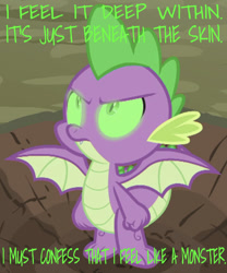 Size: 640x768 | Tagged: safe, edit, edited screencap, editor:undeadponysoldier, screencap, spike, dragon, molt down, angry, caption, edgy, fist, glowing eyes, green eyes, image macro, looking up, lyrics, monster, monster (song), skillet (band), solo, song reference, spread wings, text, winged spike, wings, word art