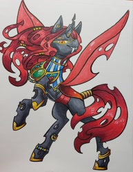 Size: 2941x3817 | Tagged: safe, artist:ghostlymuse, oc, oc:paprika, changeling, pony, changeling oc, fangs, marker drawing, multiple eyes, multiple horns, red changeling, solo, traditional art