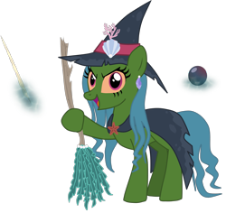 Size: 1974x1862 | Tagged: safe, artist:shadymeadow, oc, oc:marine curse, earth pony, pony, broom, cloak, clothes, female, hat, jaundice, mare, oc villain, simple background, solo, transparent background, witch hat