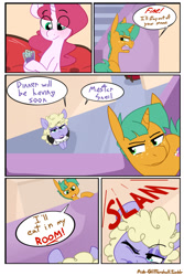 Size: 1280x1920 | Tagged: safe, artist:kryptchild, snails, oc, oc:pillow talk (ask glitter shell), oc:poppy somnifer, earth pony, pony, unicorn, angry, ask glitter shell, bad parenting, clothes, comic, dialogue, drunk, glitter shell, maid