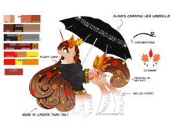 Size: 1035x772 | Tagged: safe, artist:blumydia, oc, oc:autumnia, pony, unicorn, clothes, female, mare, reference sheet, simple background, solo, sweater, umbrella, unmoving plaid, white background